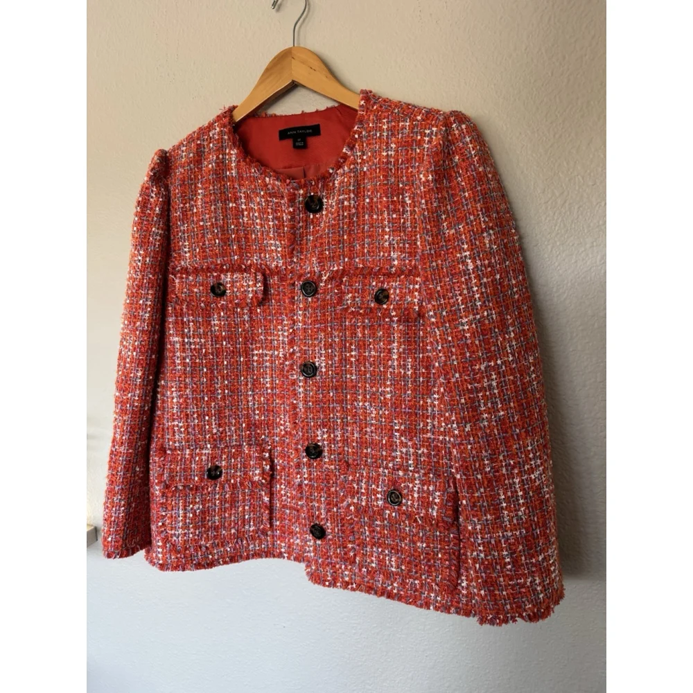 Ann Taylor Tweed Jacket 12Tall Fringe Edge Orange Spark Lined Decorative Buttons - Picture 6 of 11